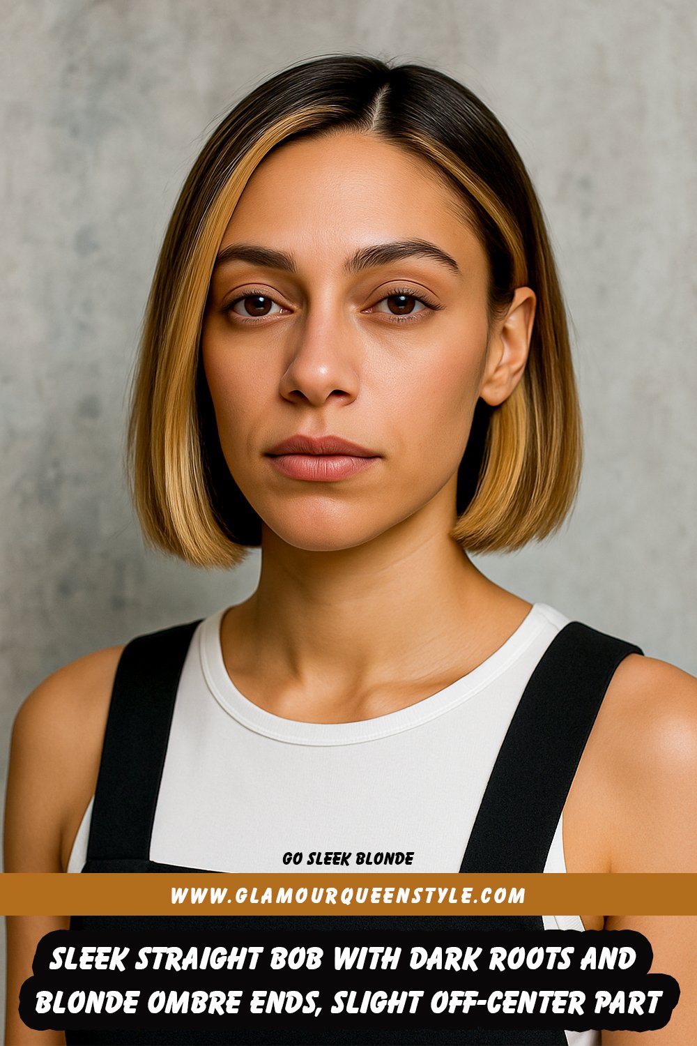 Sleek, straight bob haircut just above shoulders with dark roots blending into blonde ombre ends, parted slightly off-center and tucked behind ears.