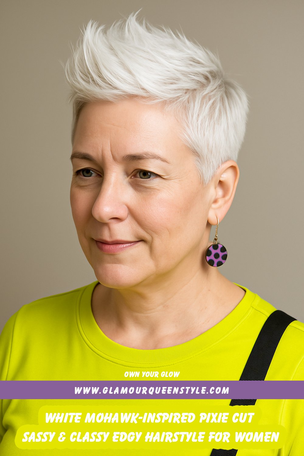Woman showcasing a white mohawk-inspired pixie cut styled in spikes; a versatile hairstyle that is both sassy and sophisticated.