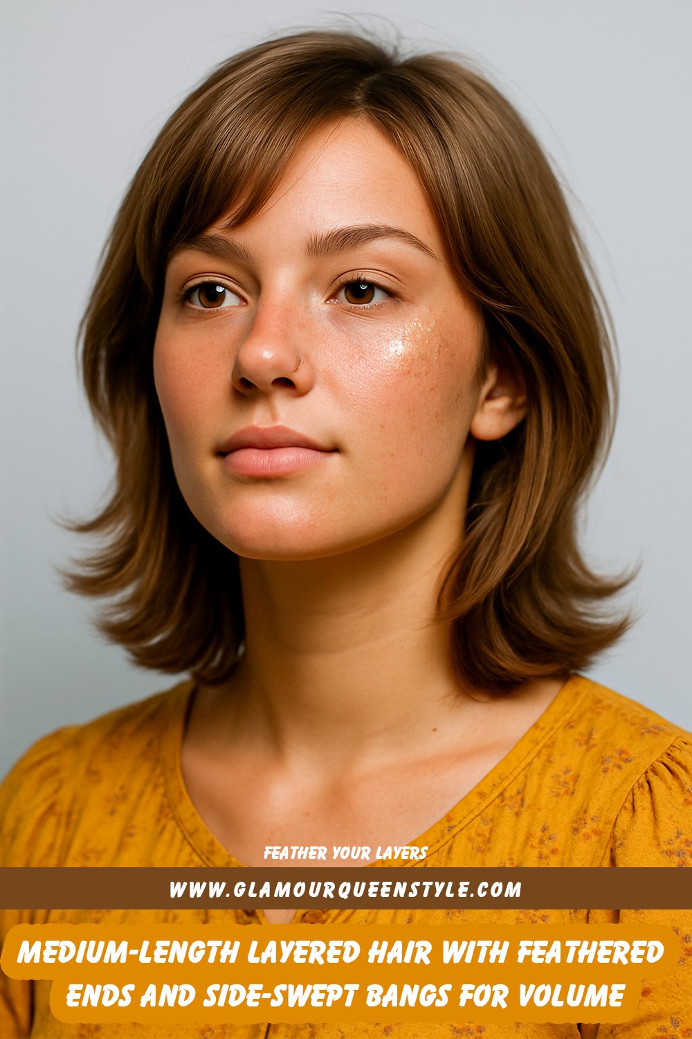 Medium-length natural brown layered hair with smooth texture, feathered outward ends, and side-swept bangs for a voluminous, bouncy look.