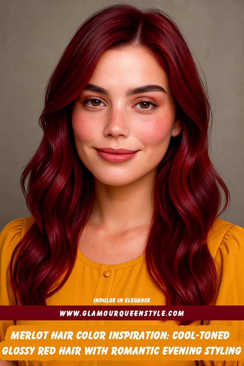 Cool-toned merlot red hairstyle with glossy finish, styled with rosy makeup and elegant eveningwear.