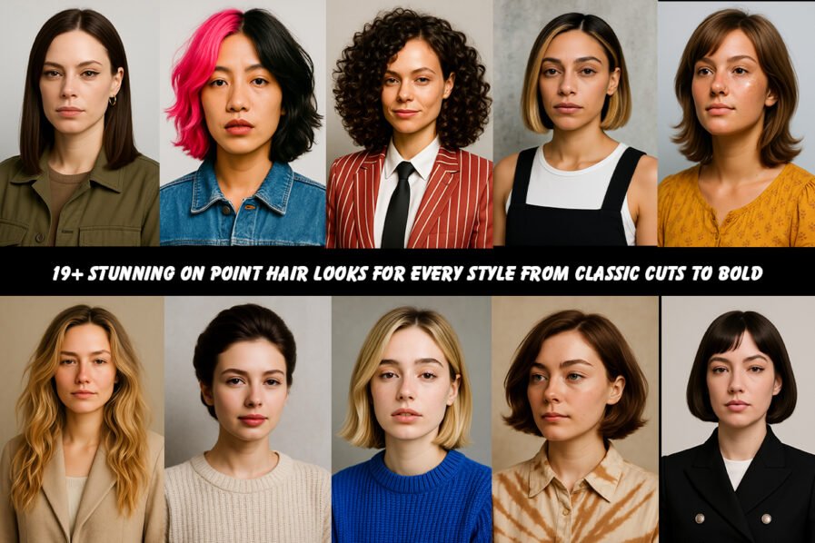Collage of women featuring 20 unique hairstyles including bobs, waves, curls, balayage, and colorful dye styles.