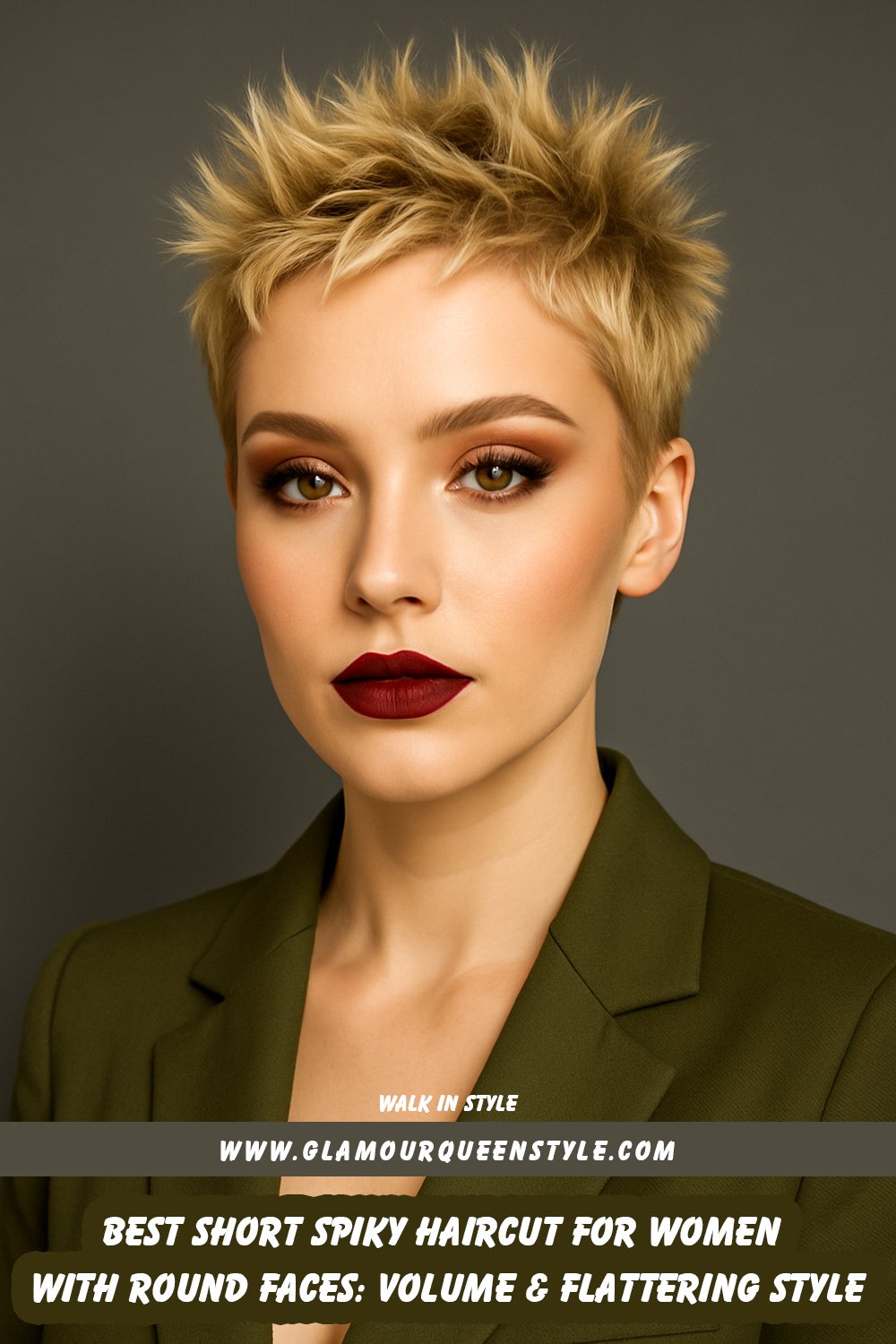Woman with a short spiky haircut styled upward to add flattering volume for her round face; she wears defined makeup accents, plus a vibrant magenta blazer over a crisp white top.