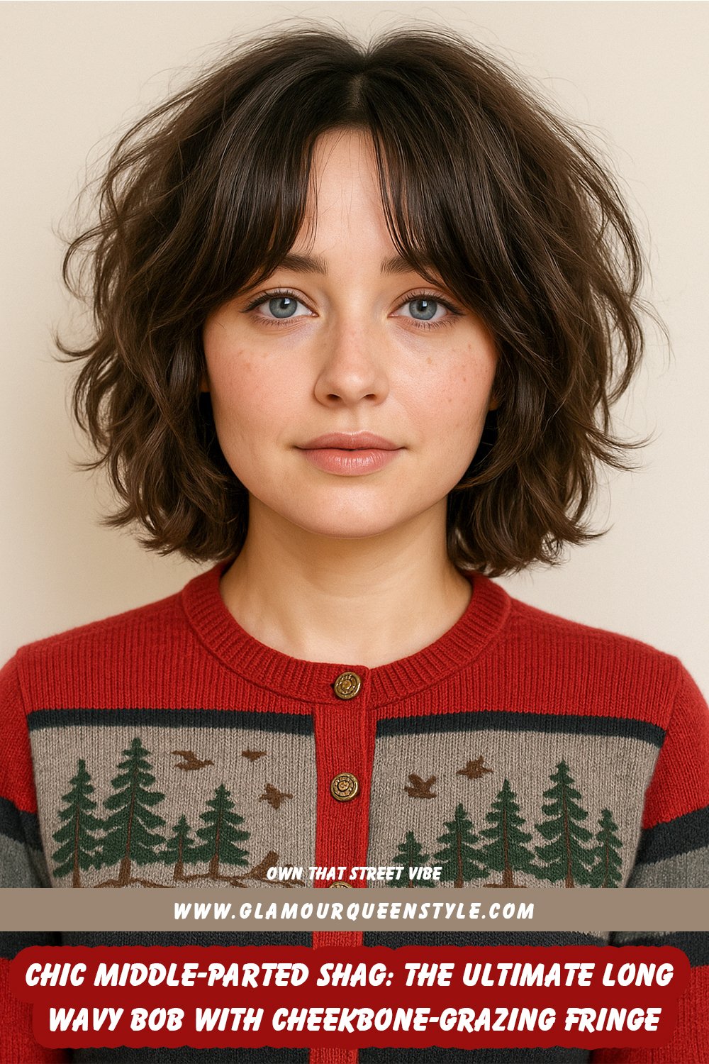 A stylish woman showing off her middle-parted long wavy bob haircut with shaggy layers and a medium-length fringe skimming her cheekbones; paired seamlessly with edgy street-style fashion.