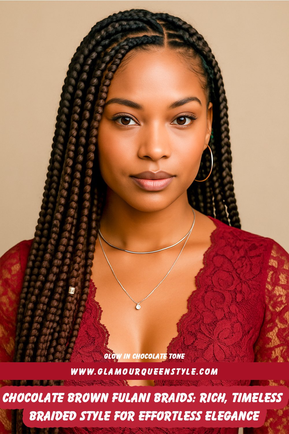 Woman styled in chocolate brown Fulani braids featuring sleek, neatly parted sections; the rich color enhances her natural features and complements sophisticated fashion choices.
