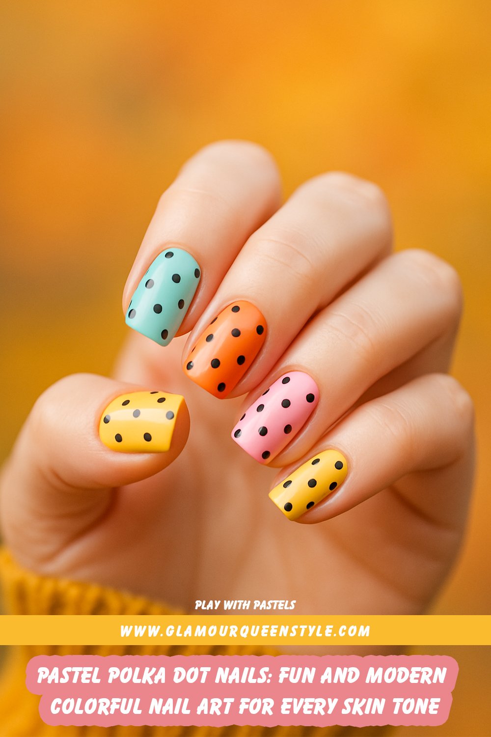 Medium-length square-shaped nails painted in different pastel shades—mint green, orange, pink, yellow, and blue—with glossy finishes and evenly spaced black polka dots on each nail.