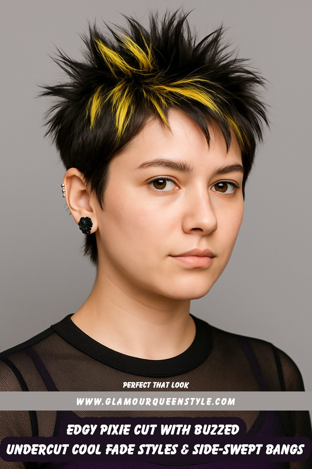 Woman sporting an edgy pixie cut with a buzzed fade undercut and soft side-swept bangs; stylish short haircut perfect for warm weather.