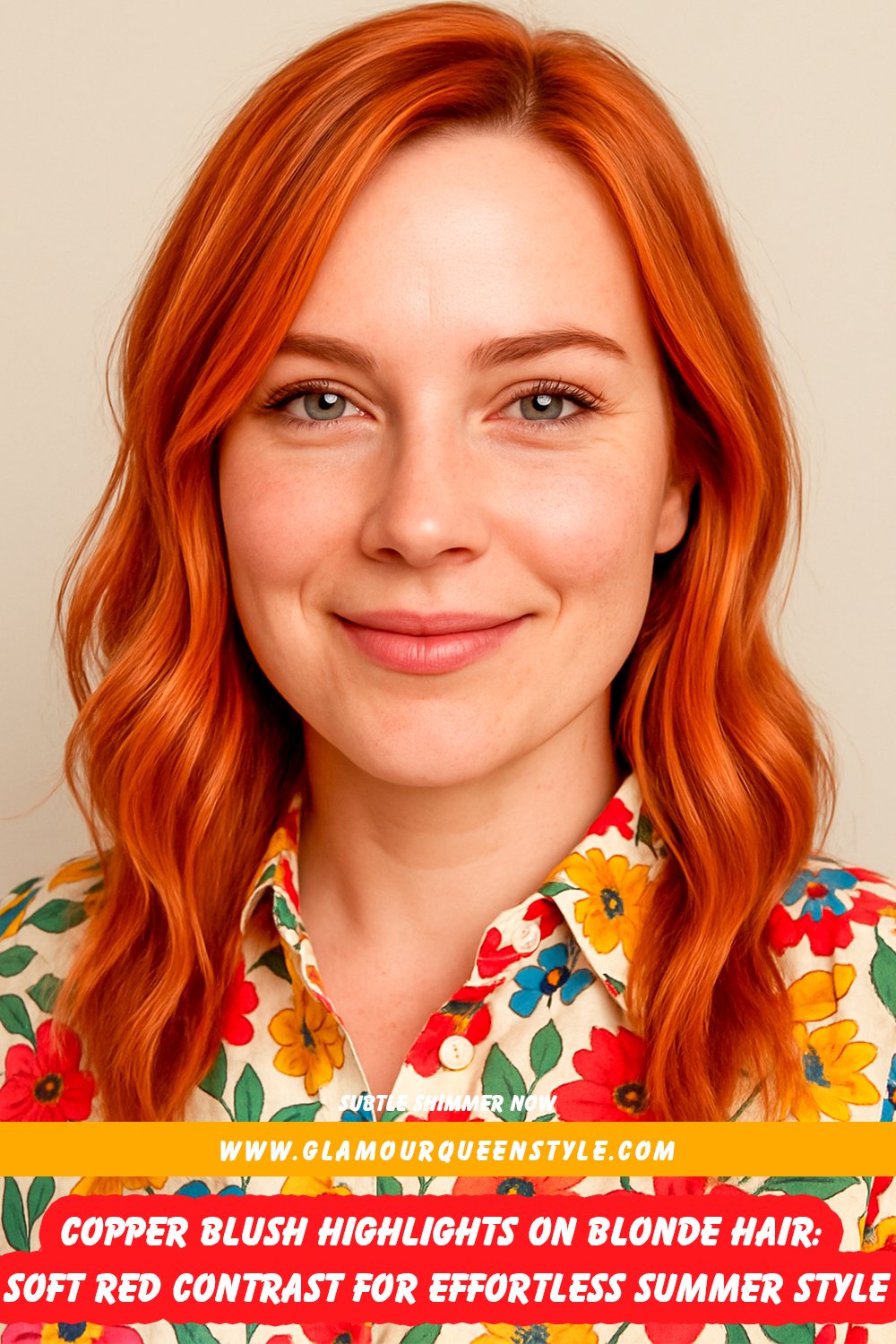 Blonde hair with copper blush highlights featuring soft red strands, styled with coral makeup and summery light-toned outfit.