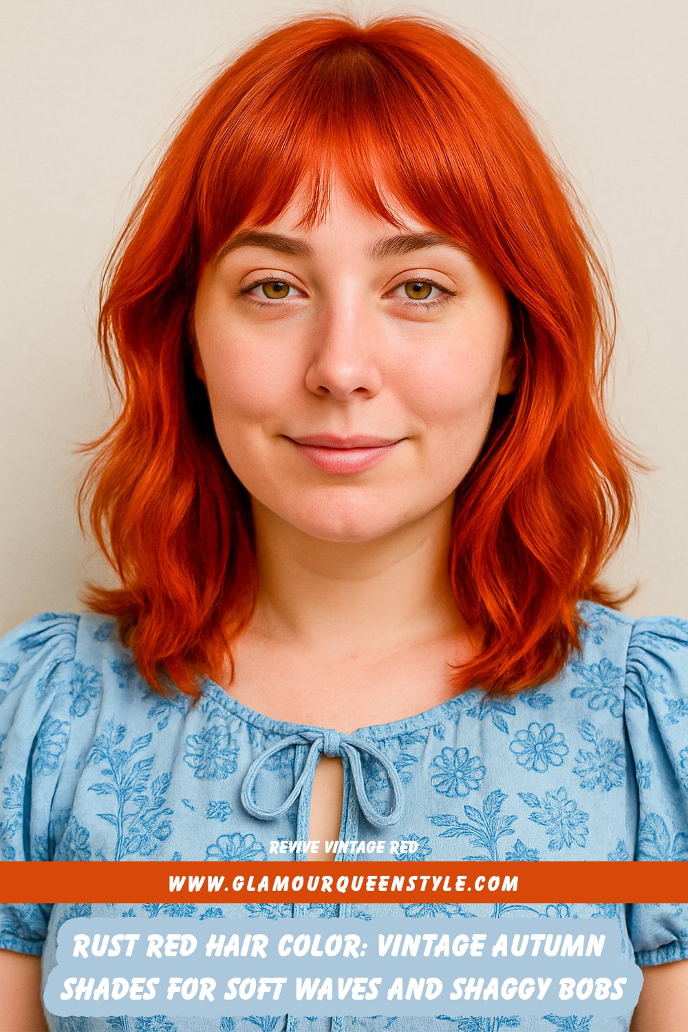 Rust red hair with burnt orange and brown-red undertones styled in soft waves and shaggy bob, paired with warm makeup and earth-tone outfit.