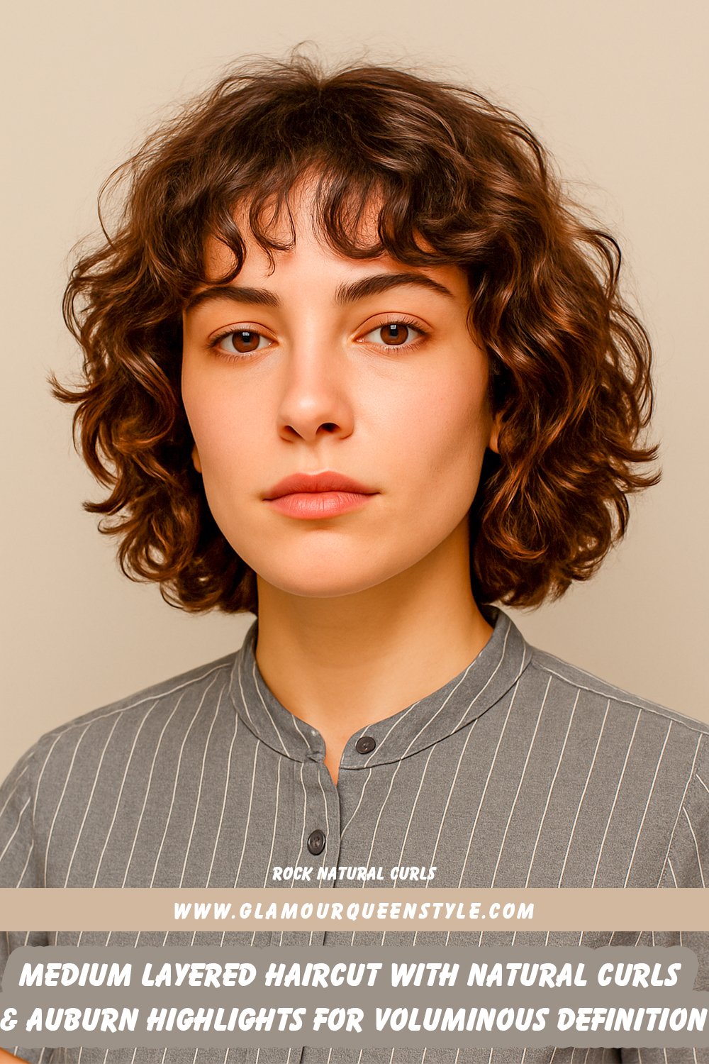Medium-length dark brown curly hair with layers and copper highlights, styled in voluminous, natural curls for a warm and dimensional look.