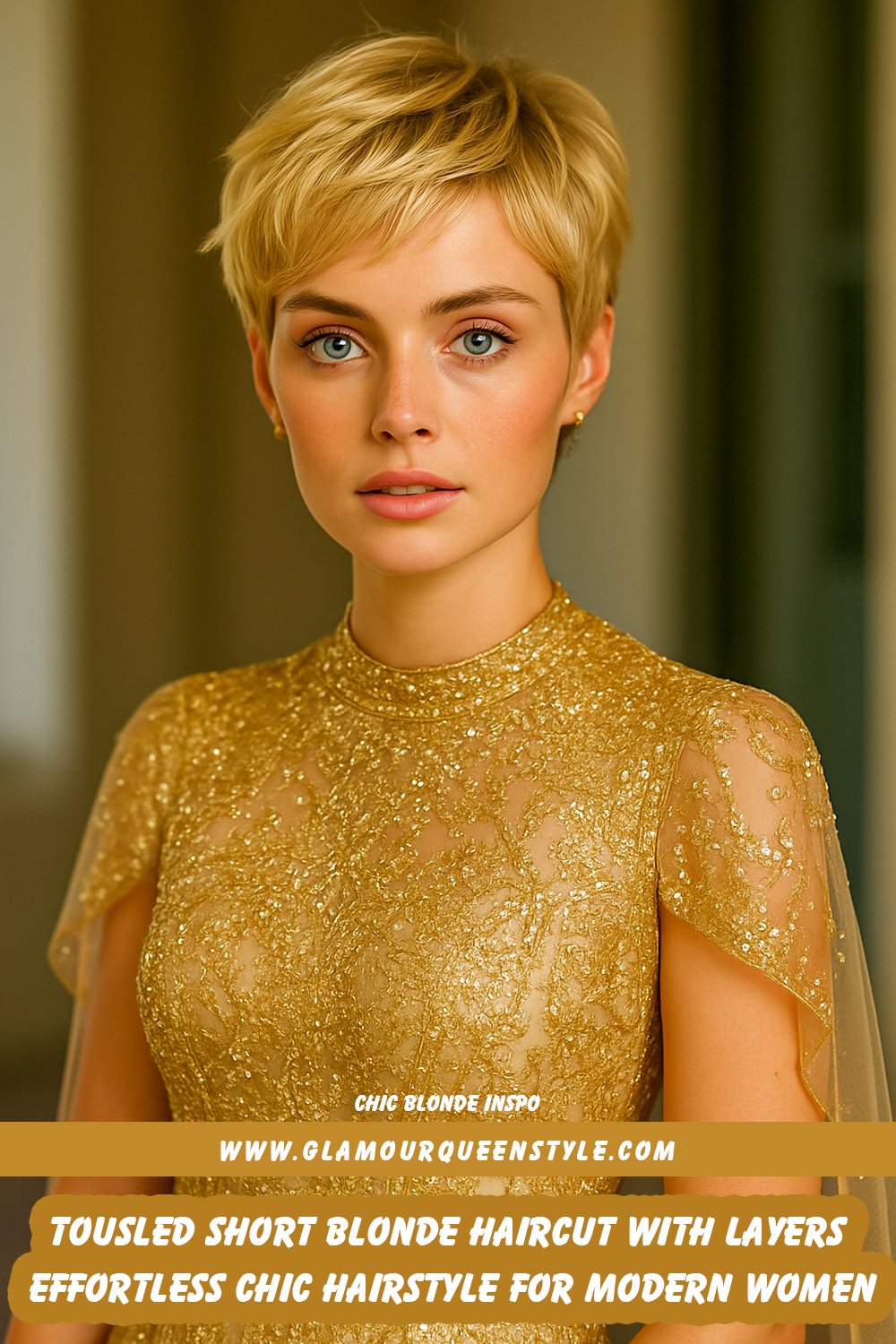 Short tousled blonde hairstyle with soft layers and subtle waves, styled for a playful modern look.