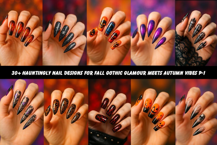 Close-up of long coffin-shaped nails in orange-red ombré with black bare-tree silhouettes and white glitter flecks, on a softly blurred background of complementary warm tones.