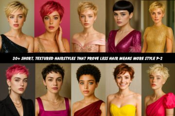Collage of 15 short hairstyles featuring sleek, tousled, curly, and colorful variations on different models.