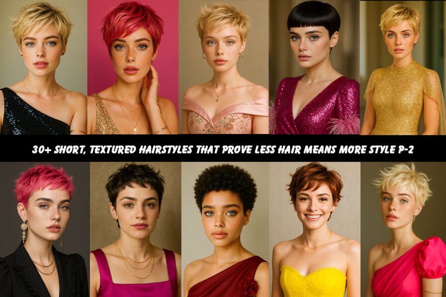 Collage of 15 short hairstyles featuring sleek, tousled, curly, and colorful variations on different models.