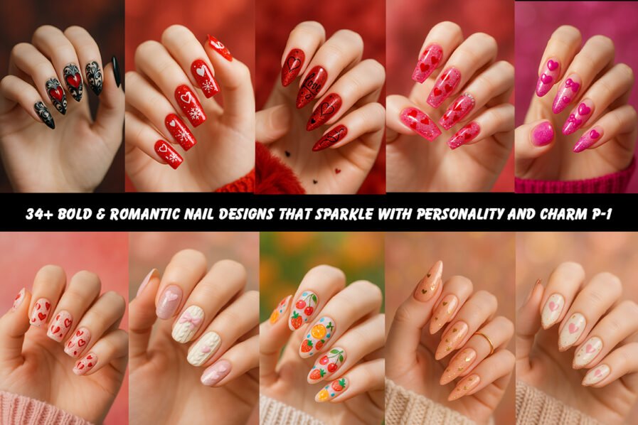 Long almond and coffin-shaped nails with red, pink, and glitter Valentine’s-inspired nail art, featuring hearts, bows, and shimmering designs.