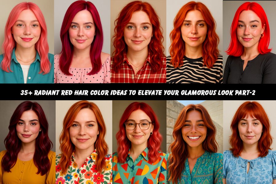 A visual roundup of 17 red hair color styles including balayage, ombré, and vibrant all-over shades on various hair textures and lengths.