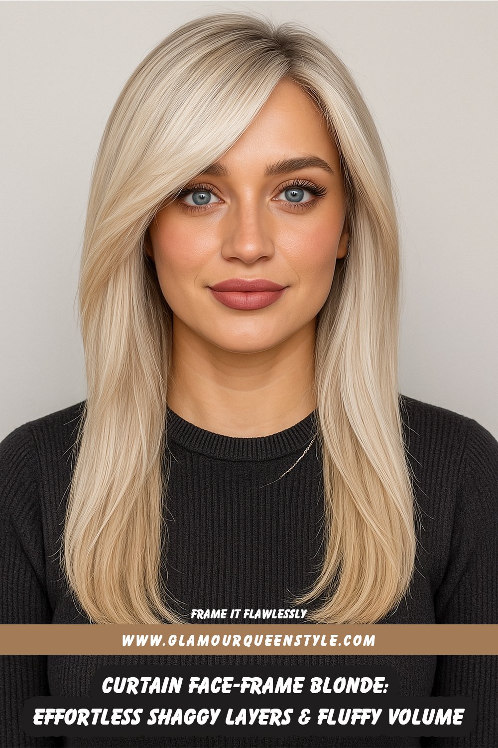 Shoulder-length bombshell blonde hair styled in subtle shag layers with fluffy face-framing pieces; sliced ends are visible at the bottom. The model’s fresh glow-up is complemented by natural glam makeup and a stylish contemporary outfit.