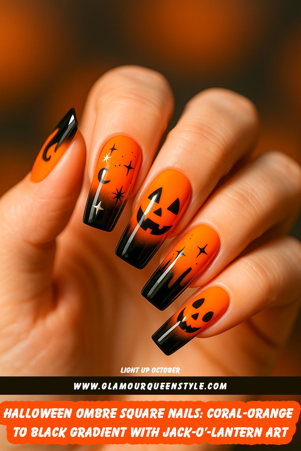 Long squared nails featuring a flawless ombre from bright coral-orange at the base to deep black tips; designs include jack-o’-lantern faces, dripping effects resembling melted wax or shadows, plus tiny starbursts and crescent moons—complementing any skin tone.