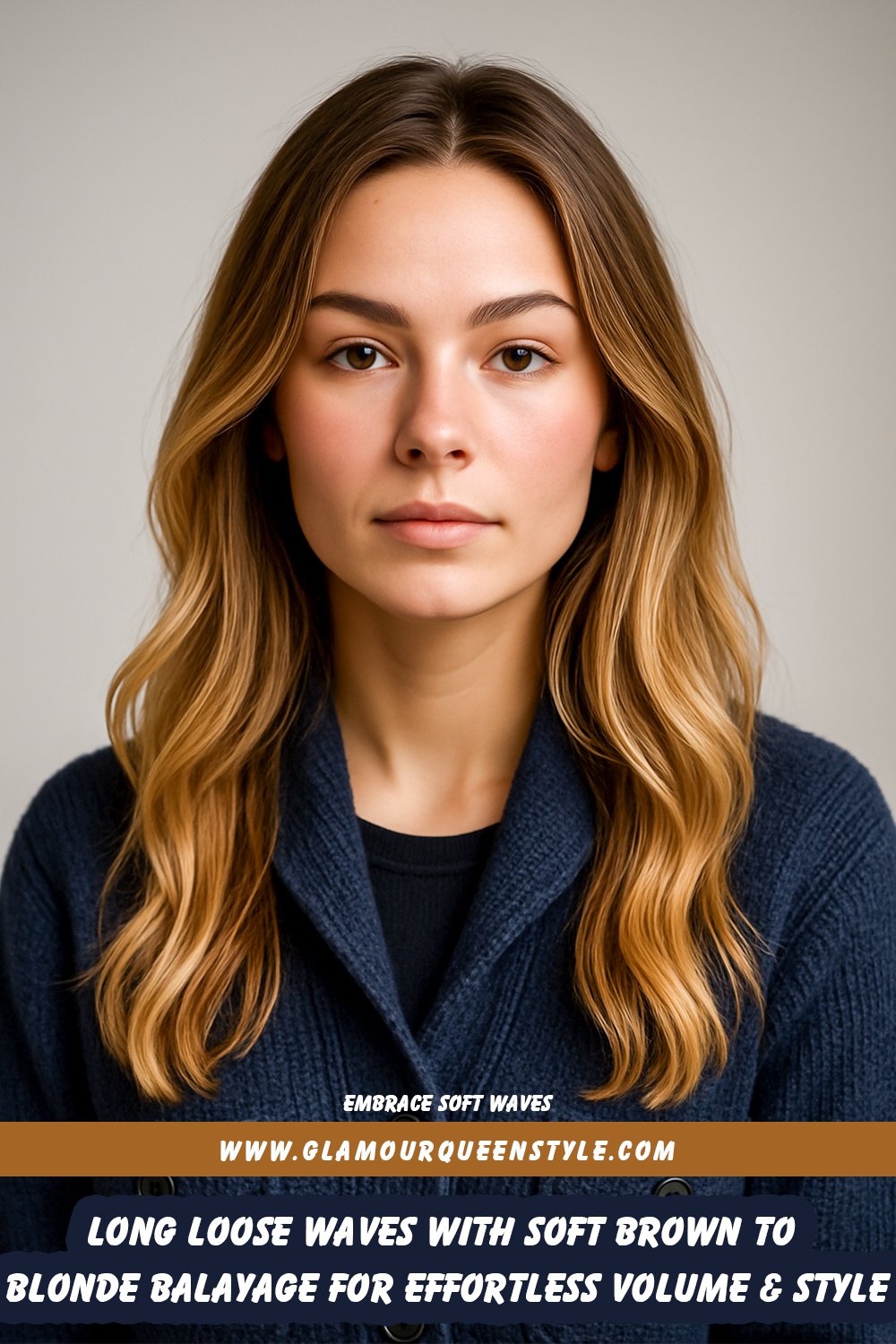 Long hair with natural loose waves and soft balayage from dark brown roots to warm blonde ends, styled for healthy volume and effortless beauty.