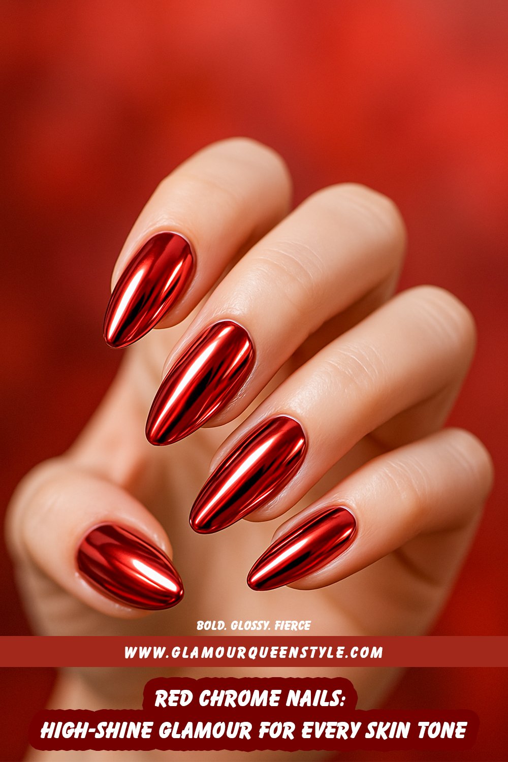 Close-up of hands featuring glossy red chrome nails glowing against various skin tones; showcasing their striking color payoff and glamorous metallic sheen.