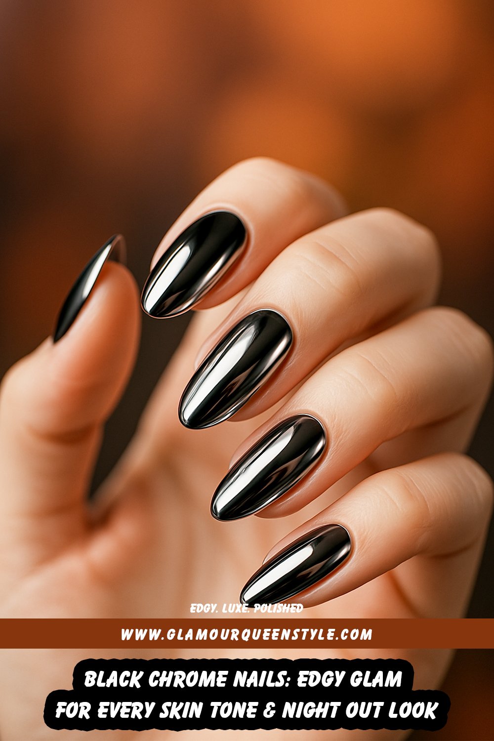 Close-up view of hands showcasing shiny black chrome nails on diverse skin tones; highlighting their bold metallic finish against stylish dark attire.