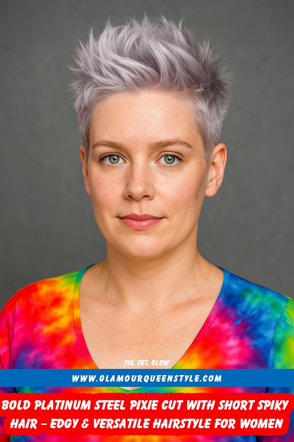 Woman showcasing a bold platinum steel pixie cut styled in short spikes; an edgy hairstyle perfect for making a fashion-forward statement.