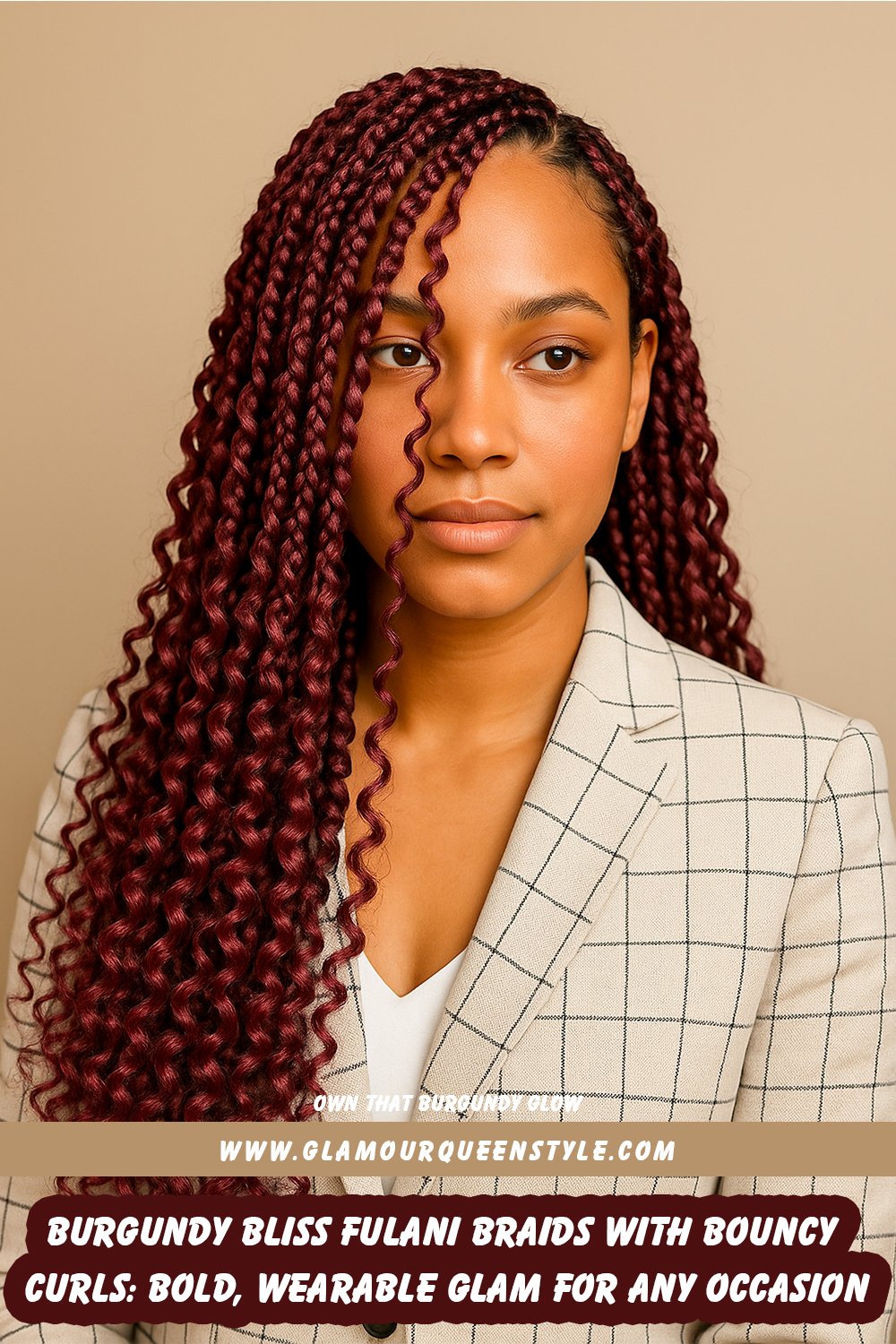 Woman wearing rich burgundy Fulani braids styled into voluminous bouncy curls; face-framing plaits add polish while loose waves create softness and vibrant flair.