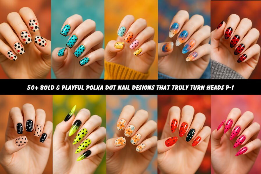 Collage of colorful polka dot nail art designs in various shapes and patterns featuring black dots, bold base colors, and glossy finishes.