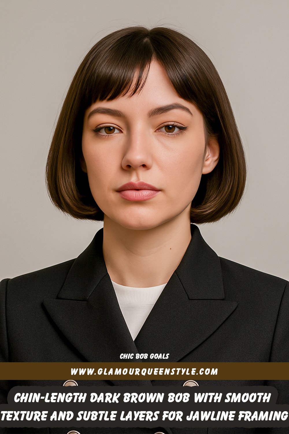 Chin-length dark brown bob with a smooth texture, subtle layers, and inward-tucked ends that frame the jawline for a clean, polished look.