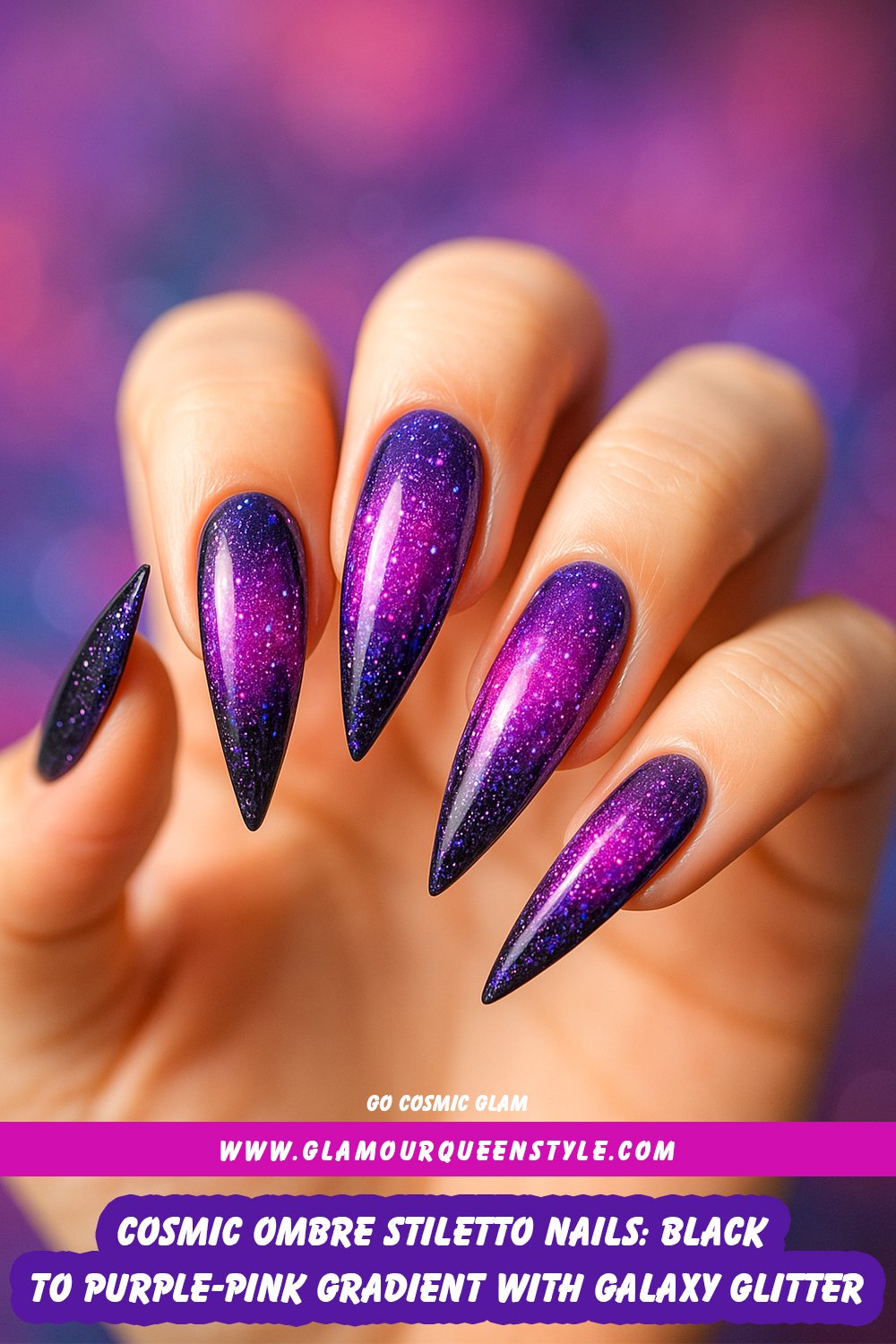 Long pointed stiletto nails featuring an ombre blend from deep black at the base through purple to pink tips; finished with shimmering galaxy-like glitter over glossy polish—flattering on any skin tone.