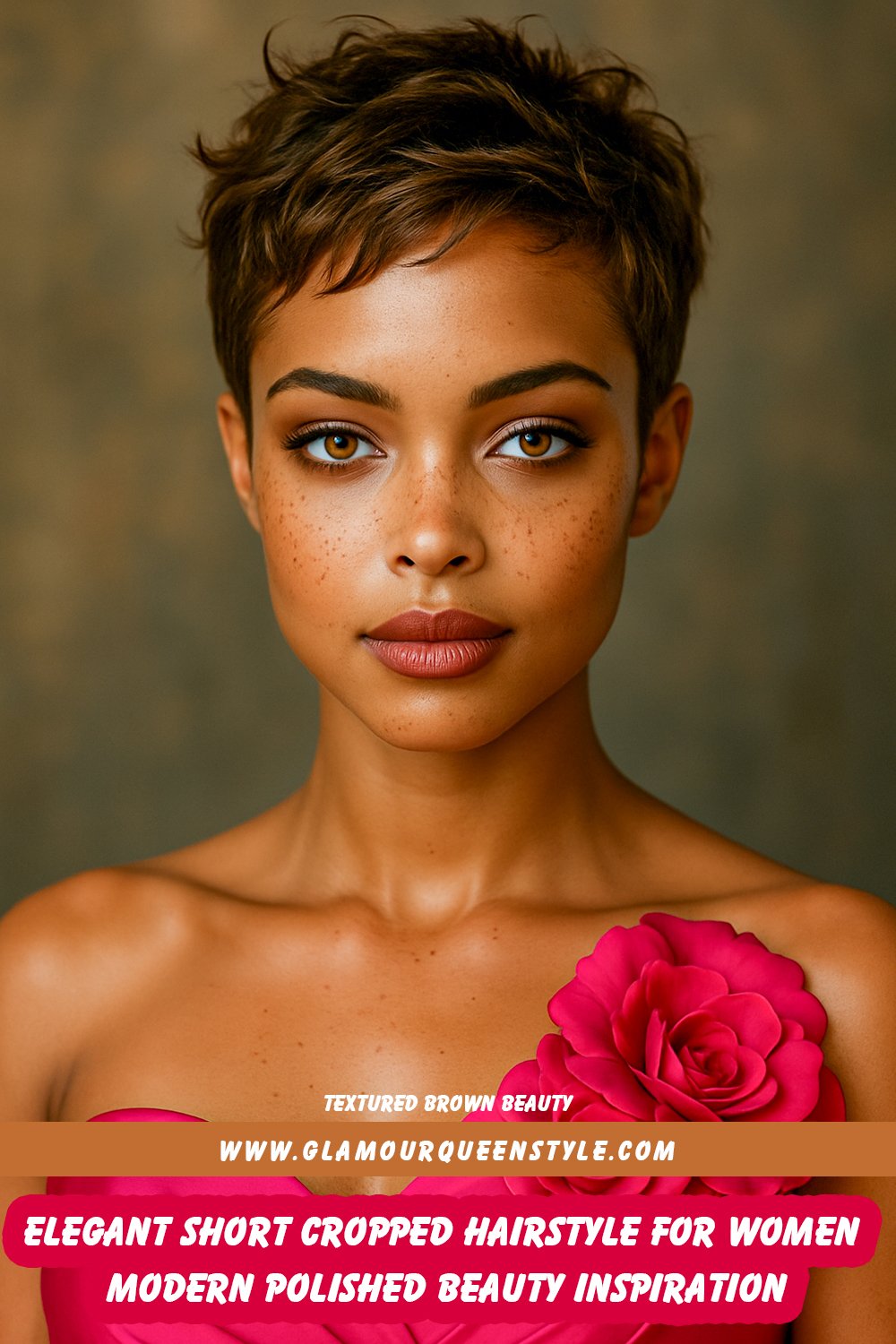 Short textured brown haircut with subtle highlights, tousled strands, and natural movement for a modern, relaxed look.