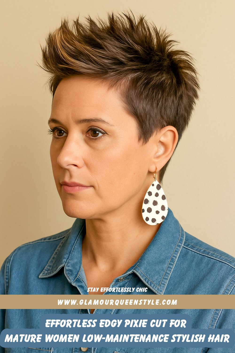A mature woman showcasing an edgy pixie haircut styled effortlessly, paired with elegant outfit choices including classic tops and bold accessories.