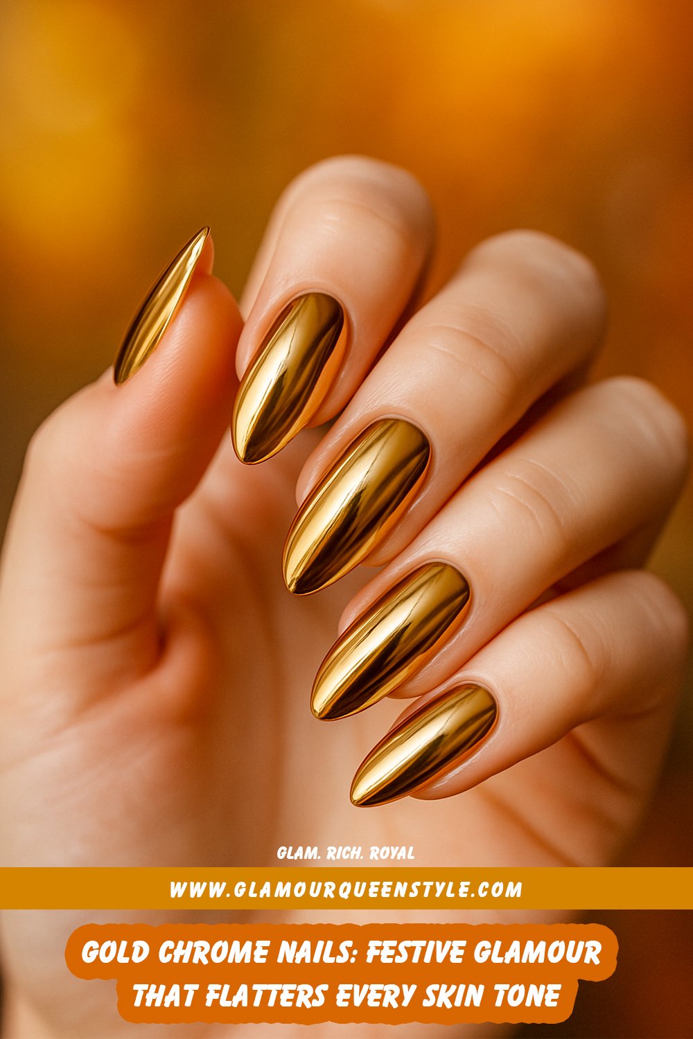 Close-up of hands featuring dazzling gold chrome nails on diverse skin tones; highlighting their brilliant metallic sheen paired effortlessly with formal attire.