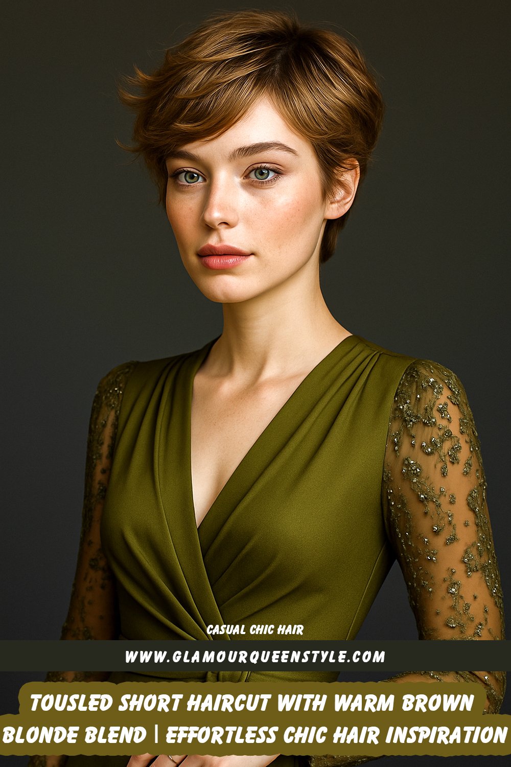 Tousled short haircut with soft waves and warm light brown and blonde blend for a casual chic style.