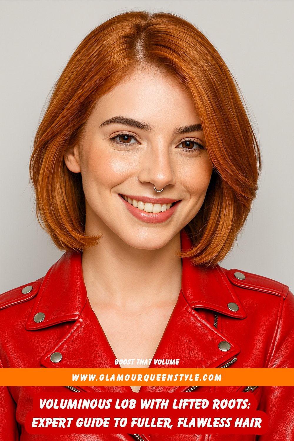 Shoulder-length lob haircut styled with dramatically lifted roots using a large round brush; hair appears full and bouncy in the front. The model’s polished waves frame her face beautifully, complemented by natural glam makeup and an elegant outfit.