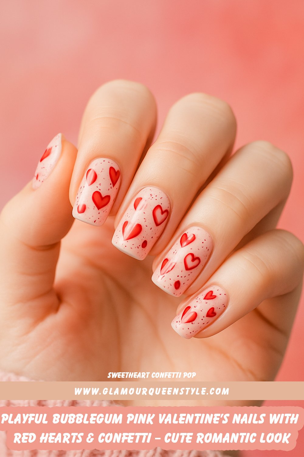 Close-up of hands featuring bubblegum pink square-tip nails adorned with small glossy red hearts and black confetti speckles; the vibrant color complements the wearer’s skin tone.