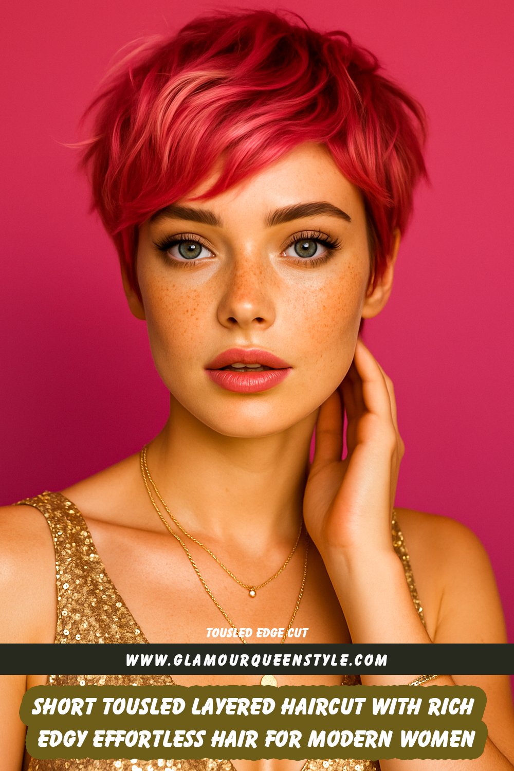 Short tousled hairstyle with soft layers and rich color, styled with edgy texture and movement.
